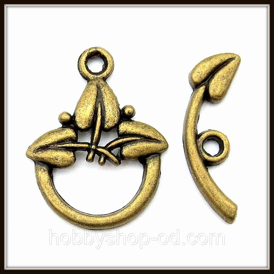Замок тогл "листя" бронза (1,9х1,5, h 1,8 см) 12 шт. в уп, фото 1