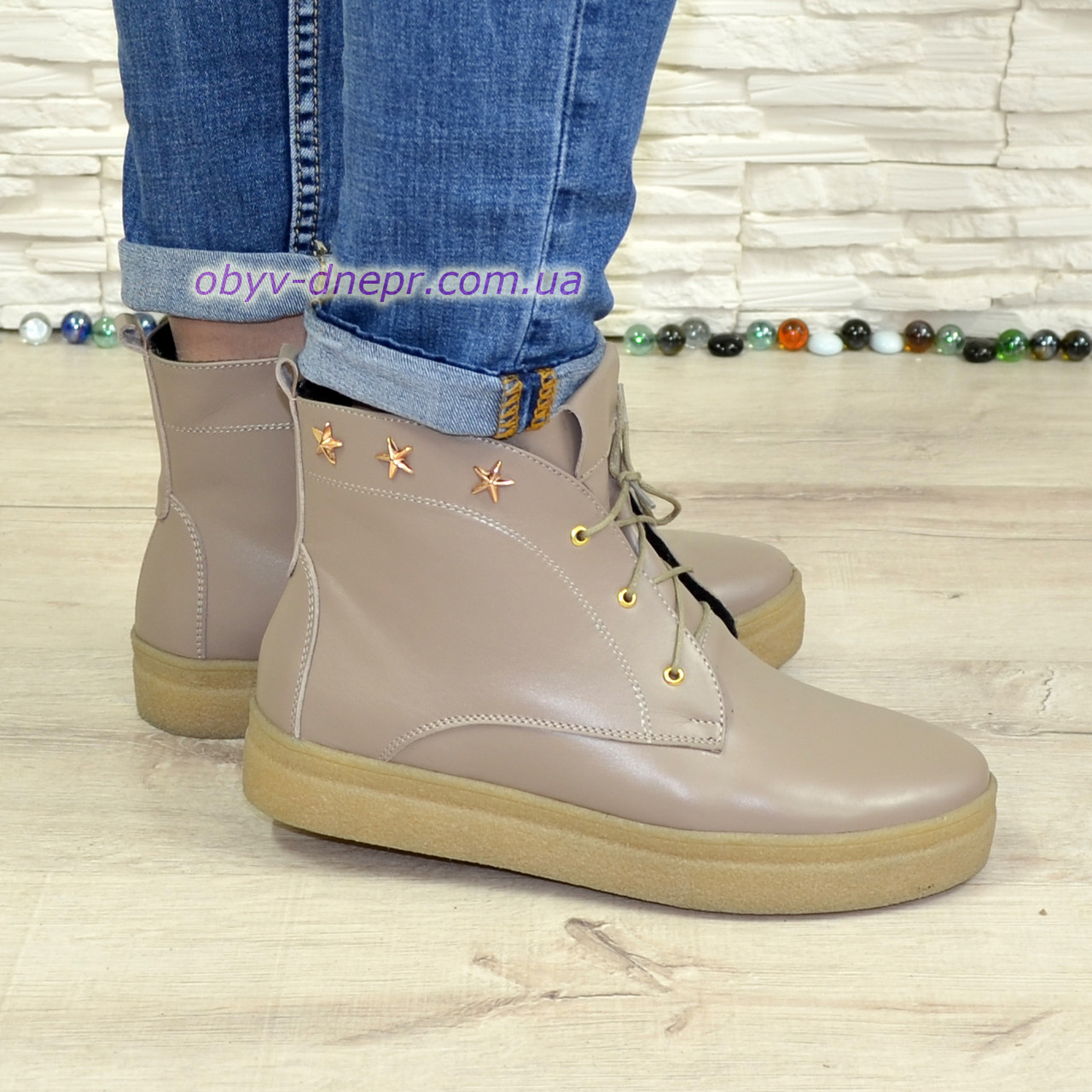 Черевики жіночі шкіряні на товстій підошві, колір візон, фото 1