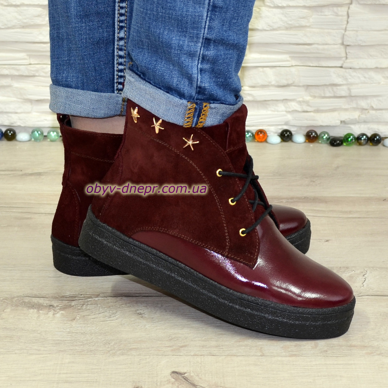 Черевики жіночі бордові на товстій підошві, натуральна шкіра і замша, фото 1