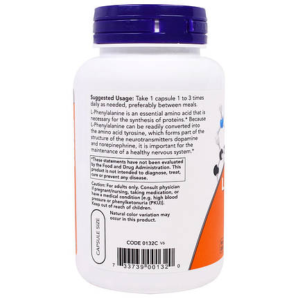 L-Phenylalanine 500 mg NOW Foods 120 Veggie Caps, фото 3