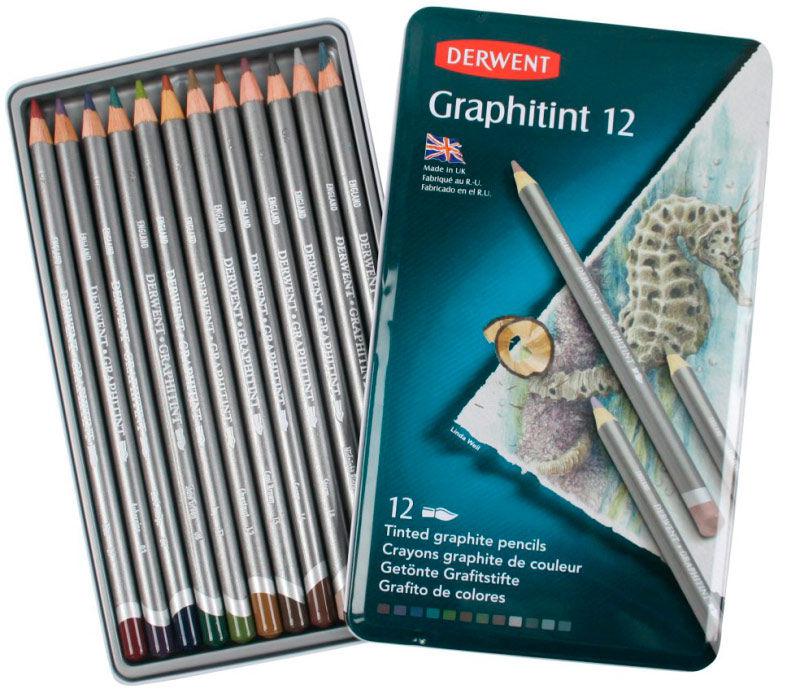 Олівці акварельні графітні набір 12кол Derwent Graphitint у металева коробка 700802, фото 1
