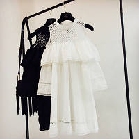 Женское модное платье с воланами, сеткой и открытыми плечами белое