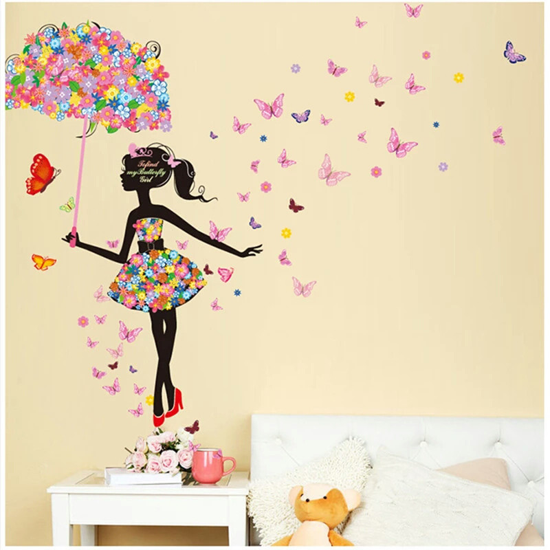 Наклейки в салон краси "дівчина під квітковим парасолькою" 170см*145см (60см*90см лист)