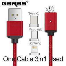 Garas магнітний кабель 3 в 1 MicroUSB / Type-C / Lightning рожевий, фото 3