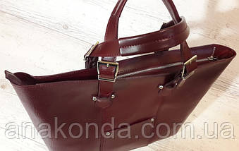06 Натуральна шкіра, Велика сумка жіноча, марсала (бордова, вишня, темно-червона) з тисненням, на блискавці, фото 3