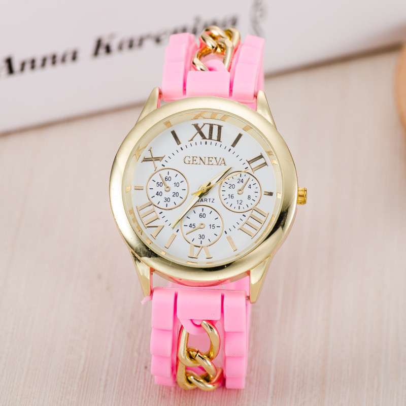 Годинник Женева з силіконовим ремінцем і ланцюжком Рожеві, фото 1
