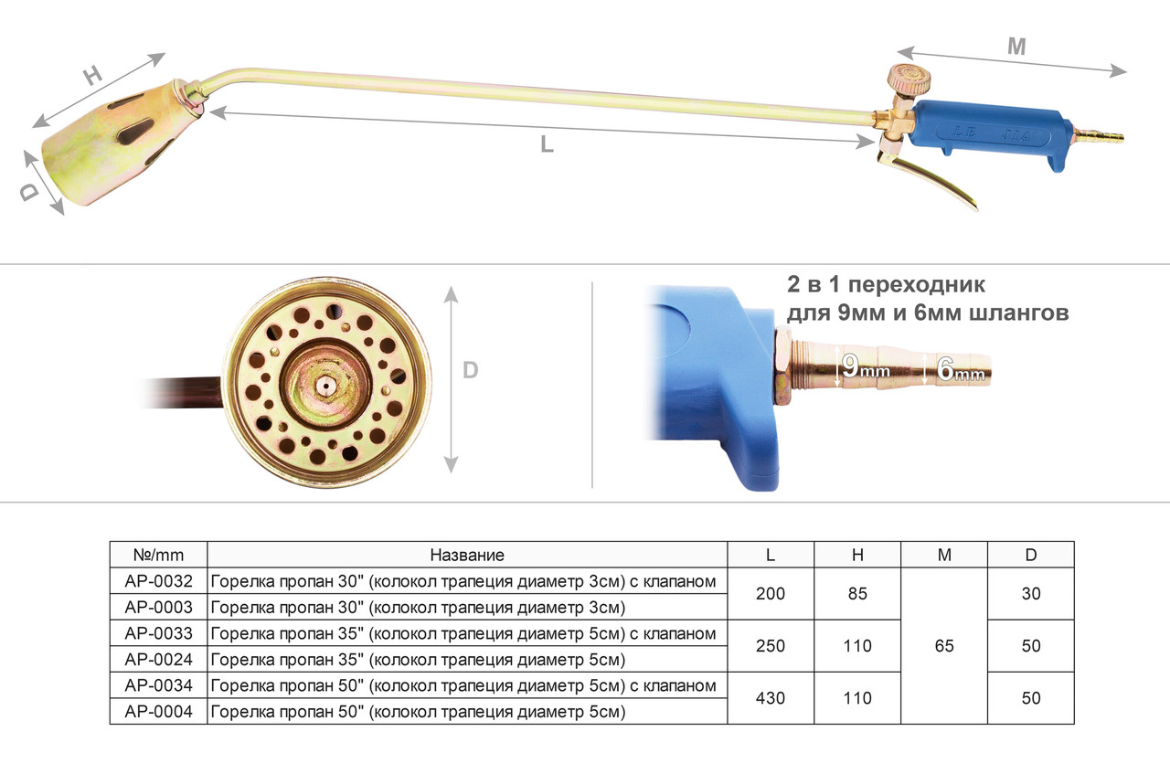 Пропановая горелка 50", колокол трапеция, диаметр 50 мм, с клапаном - фото 2 - id-p649888911