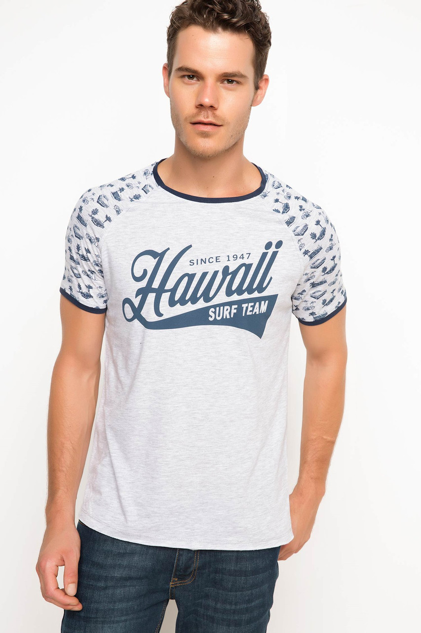 Сіра чоловіча футболка De Facto/Де Факто з написом Hawaii на грудях
