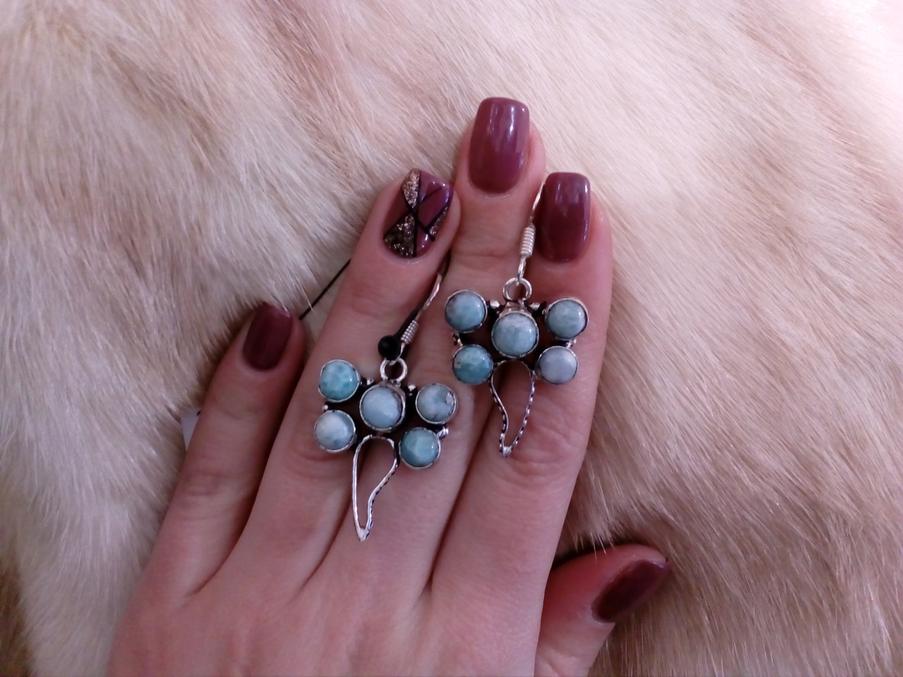 Оригінальні сережки з ларимаром (Домінікана). Сережки з натуральним каменем ларимар (Домініканська бірюза)., фото 1