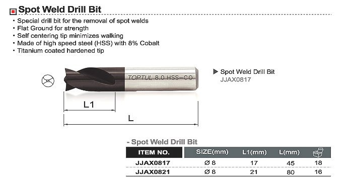 Сверло d8mm/L45mm для высверливания точечной сварки Toptul JJAX0817 (Тайвань) - фото 3 - id-p154550809