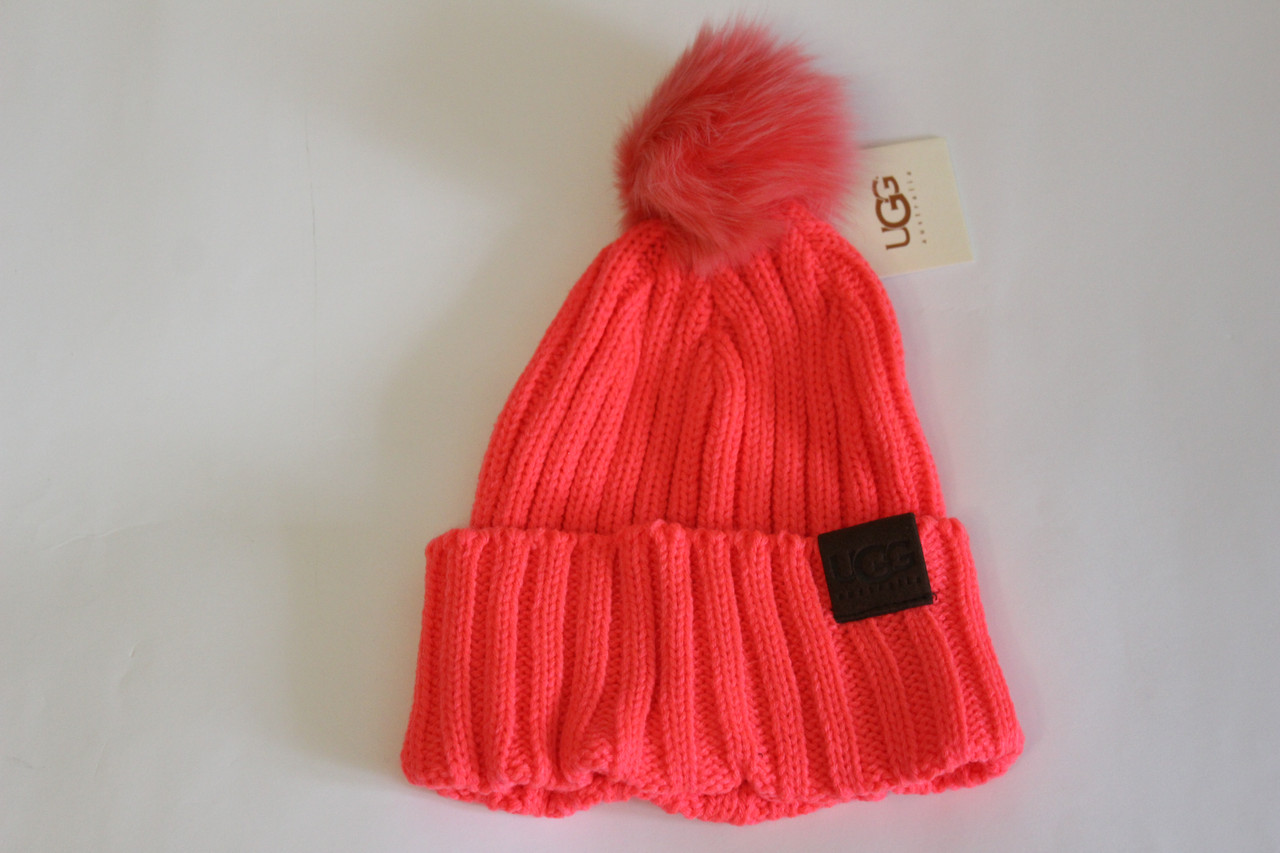 Жіноча рожево-жовтогаряча шапка Угг із закотом 55 см — 56 см