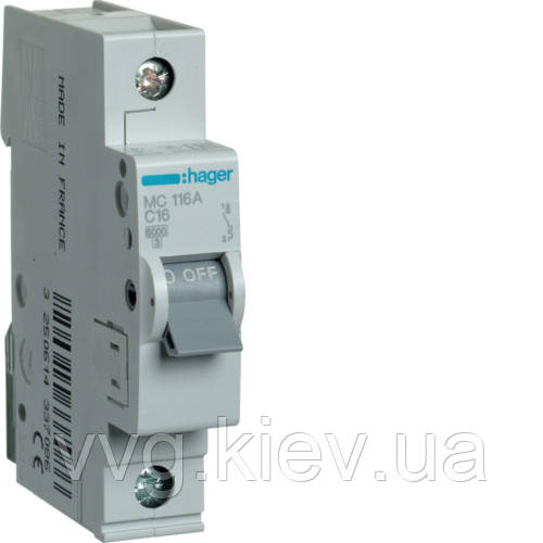 Модульний автоматичний вимикач 1P 6 кА С-16A 1М Hager
