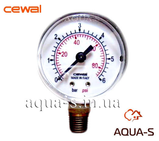 Манометр для опалення CEWAL 6 барів G1/4" (D 50 мм) вертикальний (Італія), фото 1