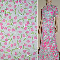 Шифон орарі кремовий з рожевими тюльпанами ш.150