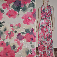 Шифон орарі молочно-золотистий з малиновими квітами ш.150