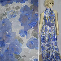 Шифон орарі молочний з синьо-зеленими квітами ш.150