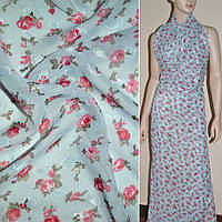 Шифон орарі блідо-блакитний з бордовими квітами ш.150