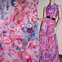 Шифон орарі рожевий в блакитні і білі пір'я ш.150