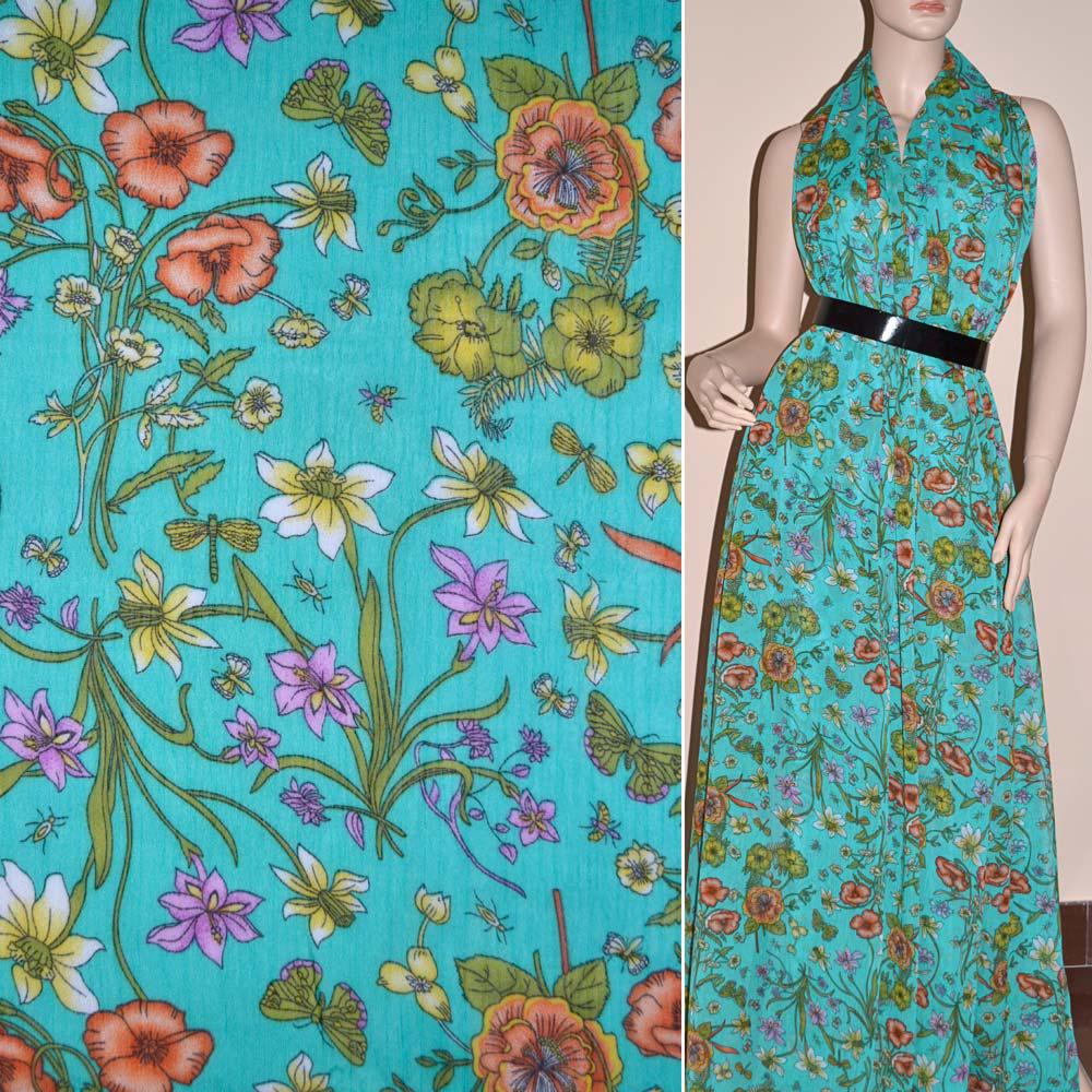 Шифон жатий бірюзовий з теракотовими зеленими квітами і метеликам