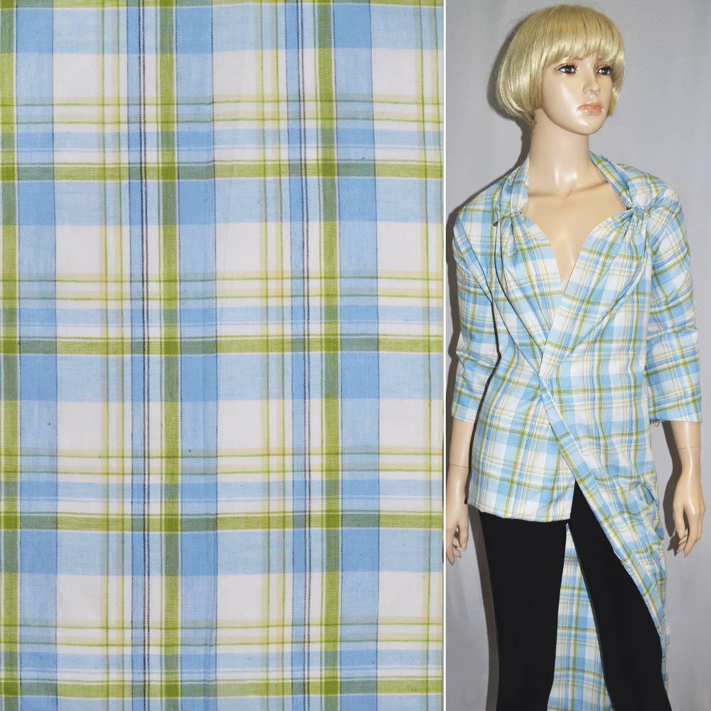 Тканина сорочкова біло-блакитна зелена клітка ш.142