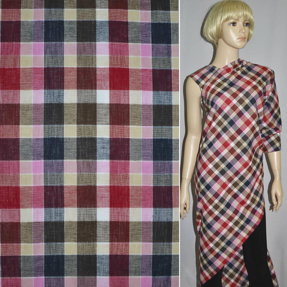 Тканина сорочкова бежево-коричнево-червоно-синя клітка ш.145