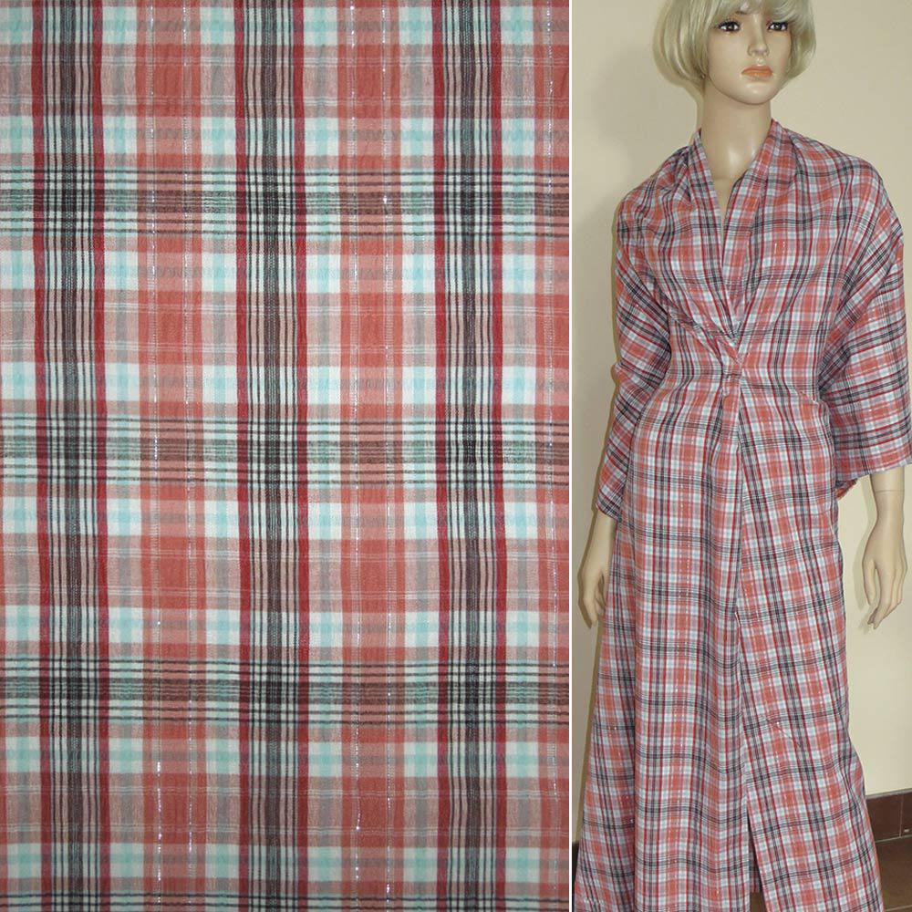 Тканина сорочкова в коричнево-теракотові клітку з метаніттю жата ш.150