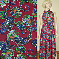 Батист Діллон вишневий з зелено-синіми завитками і квітами ш.140