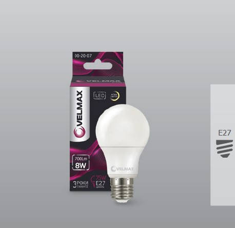 Лампа світлодіодна LED Velmax E27 V-A60 8W 3000K, фото 2