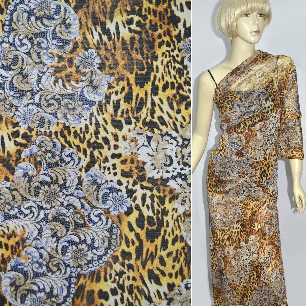 Сітка стрейч коричнево-бежева леопард, принт мереживо