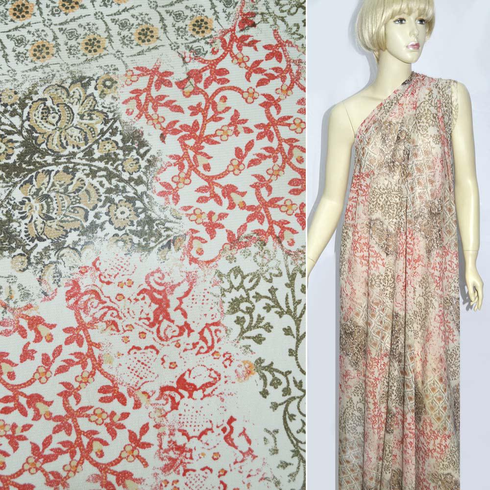 Сітка стрейч бежева з червоно-коричневим малюнком