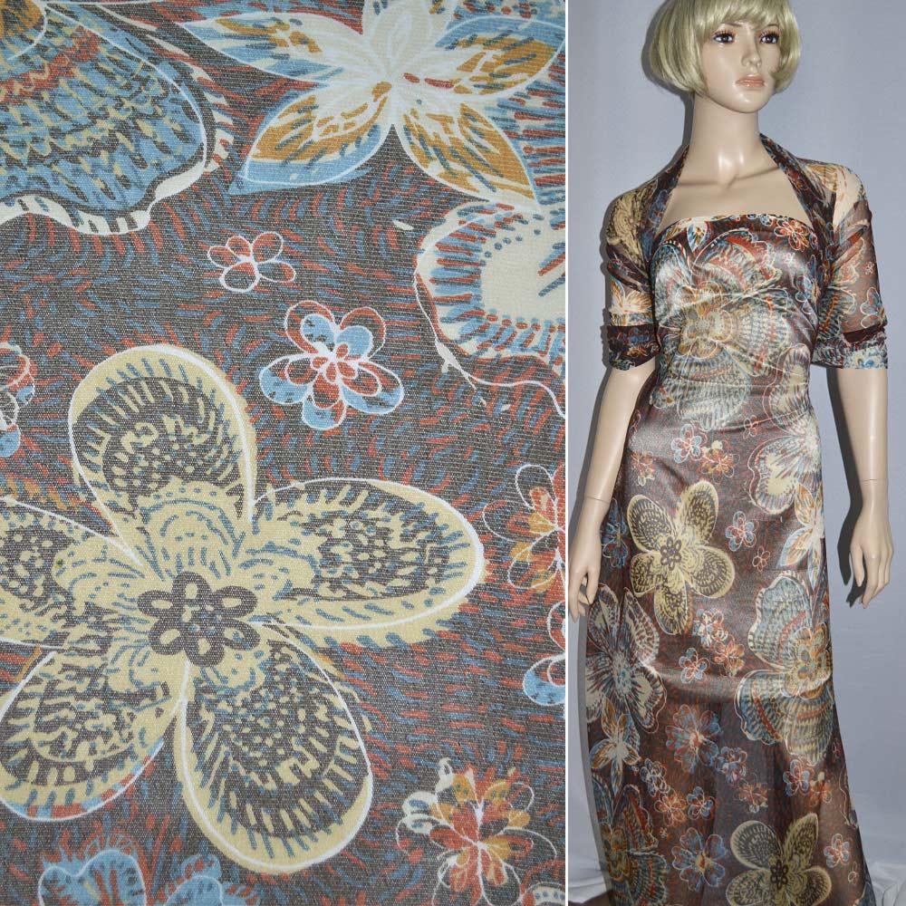 Сітка стрейч коричнева в бежево-блакитні квіти ш.140