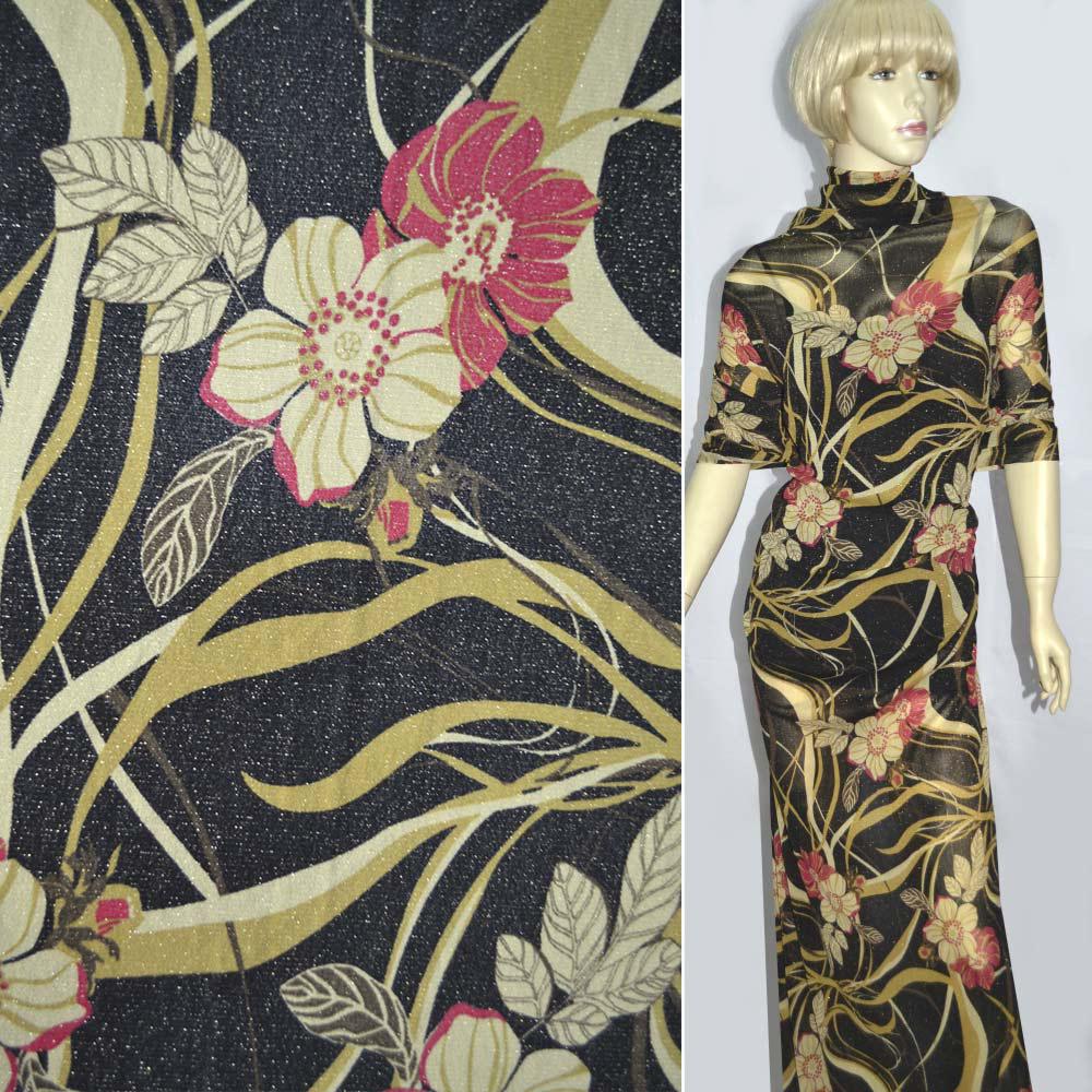 Сітка стрейч оливкова з червоним люрексом