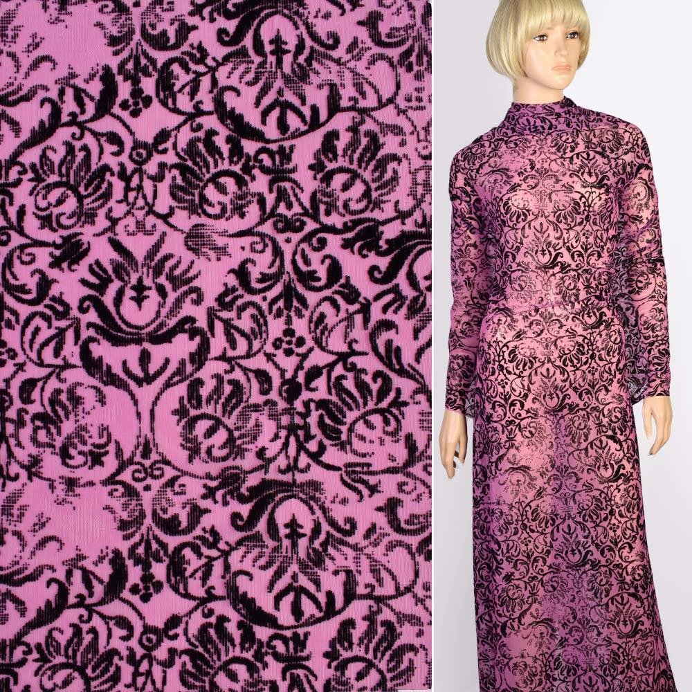 Сітка стрейч бузкова з чорним флоковим візерунком, ш.145