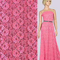 Мереживне полотно стрейч квіти на сітці рожеве неон, ш.155