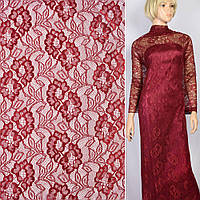 Мереживне полотно стрейч квіти на сітці вишневе, ш.150