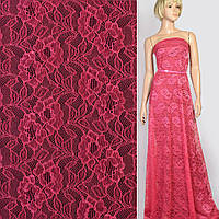 Мереживне полотно стрейч квіти на сітці рожеве фуксія, ш.145