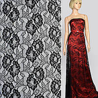 Мереживне полотно стрейч квіти на сітці чорне, ш.155