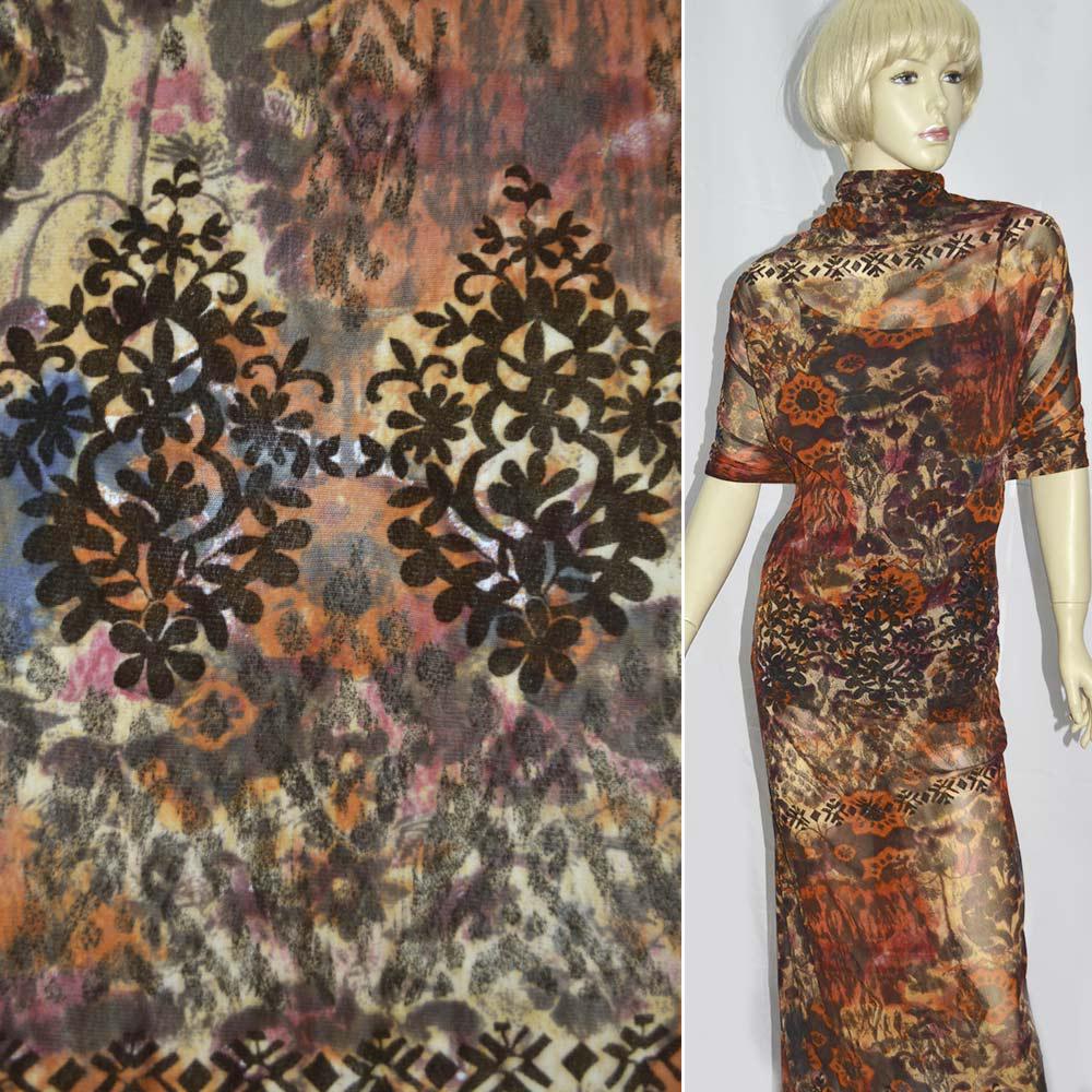 Сітка коричнева з помаранчевими квітами і флоком