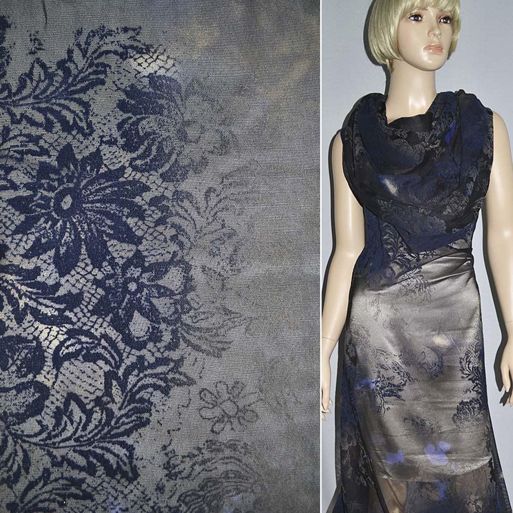 Сітка стрейч з флоковим візерунком синя темна