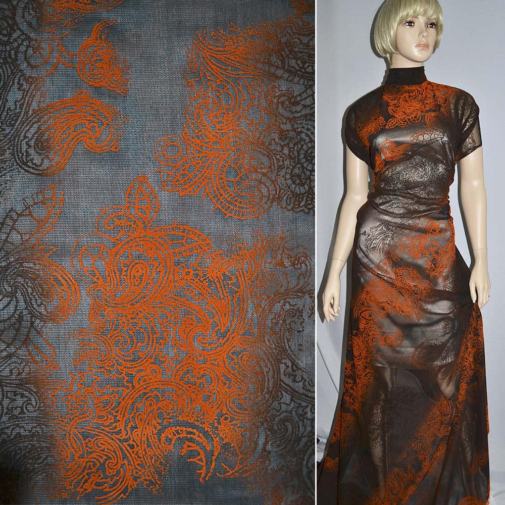 Сітка стрейч з флоковим візерунком рудим коричнева