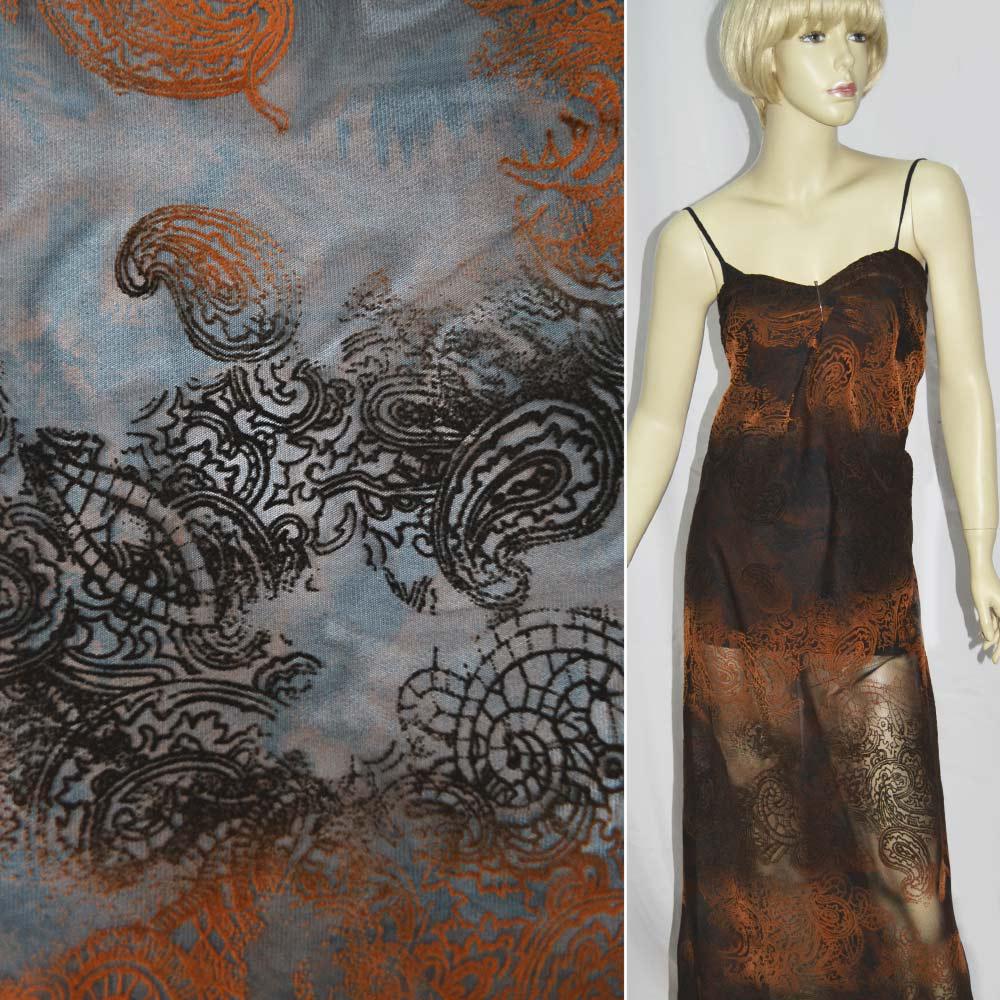 Сітка стрейч з флоковим візерунком рудим коричнева