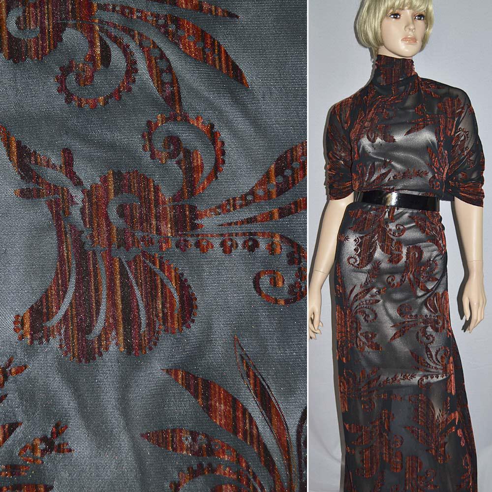 Сітка стрейч з флоковим візерунком червоно-оранжевим чорна