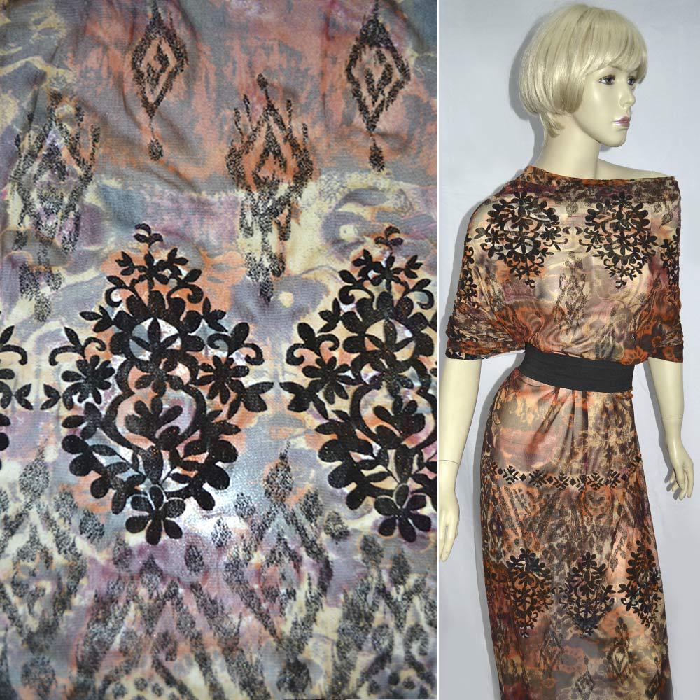 Сітка стрейч з флоковим візерунком чорним абстракція теракотова