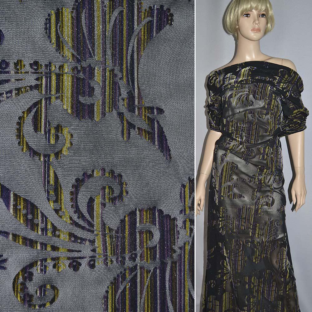 Сітка стрейч з флоковим візерунком фіолетово-зеленим чорна