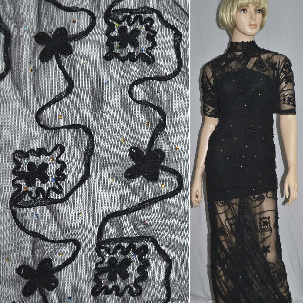 Сітка стрейч чорна з настрочені чорними квітами і намистинами