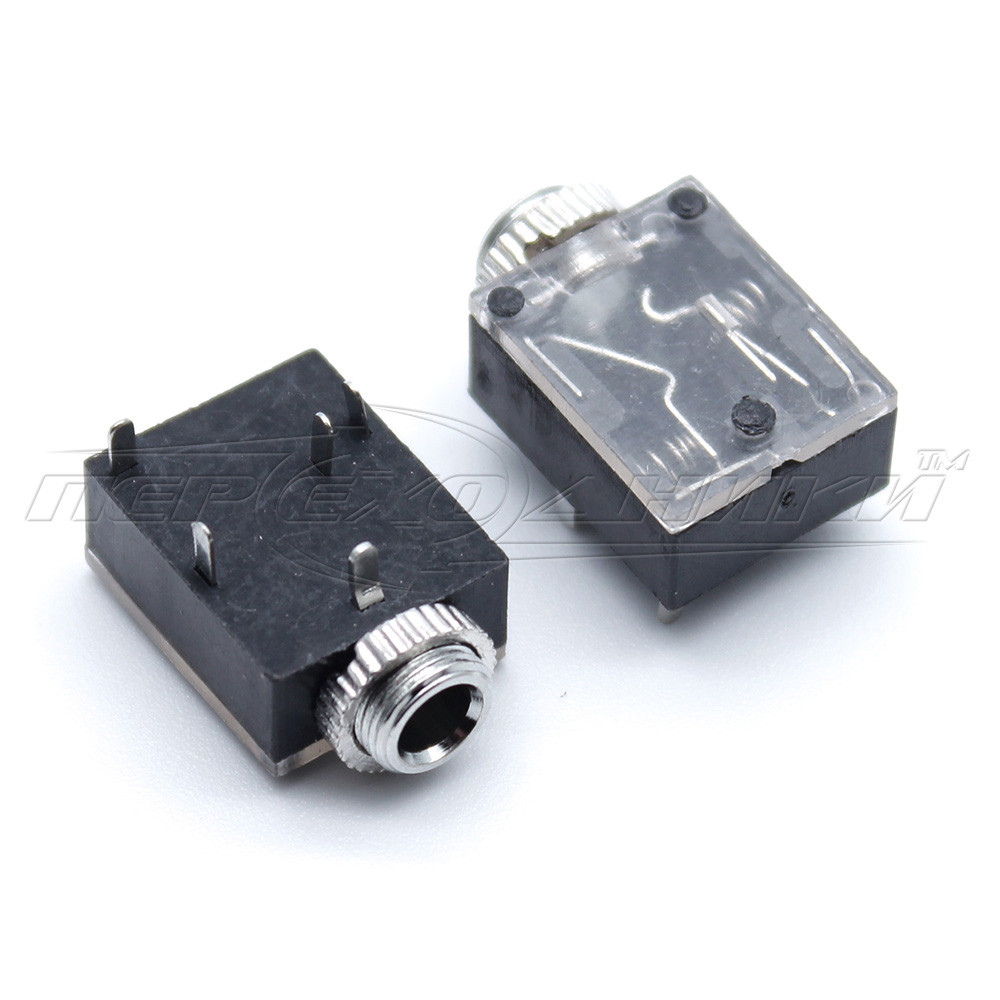 Роз'єм PJ-324-5P гніздо 3.5 мм стерео, монтажне на плату з вимикачем (пластик), з гайкою