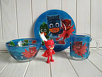 Набор детской посуды из стекла с персонажами из мультфильма Герои в масках