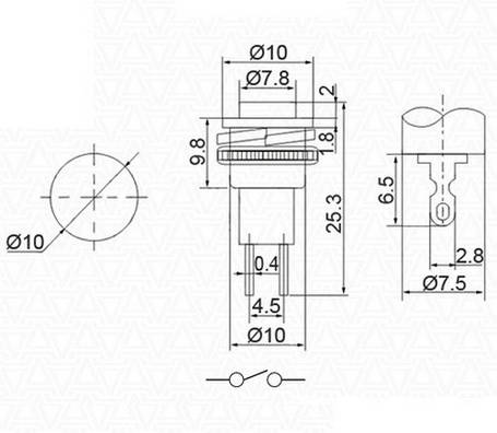 Кнопка кругла без фіксації 250V, міні, червона, (OFF-ON), фото 2