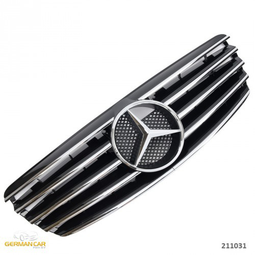 Решітка радіатора Mercedes W211 (02-06) тюнінг стиль AMG (чорний глянц / хром смужки)