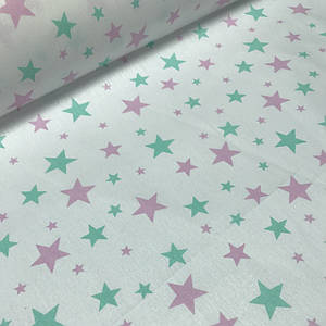 Хлопковая ткань польская звезды мятно-розовые, большие и маленькие на белом №146